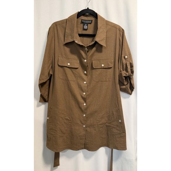 Dialogue | Women’s Brown Collared Linen Button Up Shirt Tunic Belt - Size 18W - Picture 2 of 10